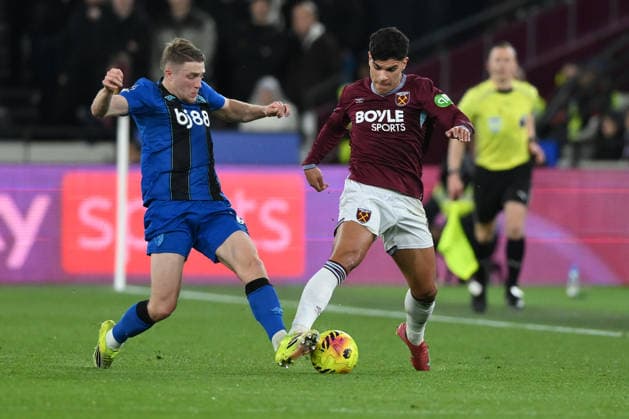 West Ham United vs Manchester United, ManU Premier League Adrien Truffert of AFC Bournemouth challenges Mateus Fernandes of West Ham United during the Premier League match between West Ham United and AFC Bournemouth at the London Stadium in Stratford, United Kingdom, on February 21, 2026. Stratford Greater London  Copyright: xMIxNewsx originalFilename:fletcher-westhamu260221_npYf6.jpg