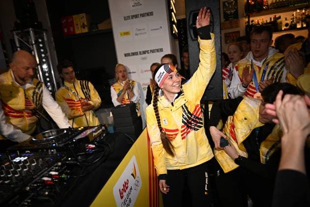 Belgian speed skater Sandrine Tas pictured during the athletes party of Team Belgium on the last evening of the Milano Cortina 2026 Olympic Winter games, Winterspiele,Spiele, Summer games on Saturday 21 February 2026 in Milan, Italy. The XXV Winter Olympics take place from 6 to 22 February 2026 in Italy. JASPERxJACOBS  x164452795x