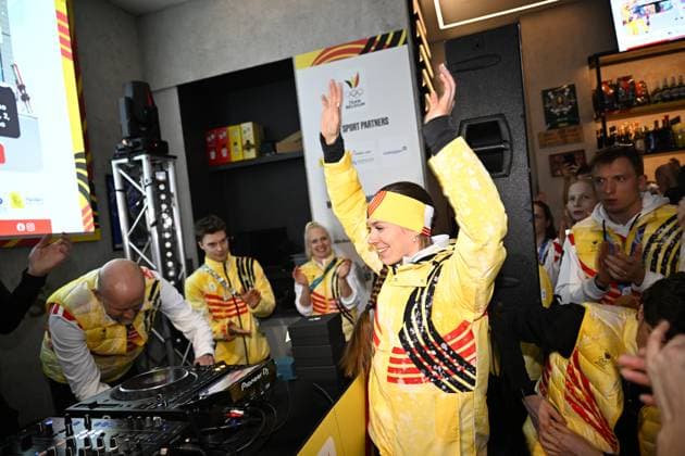 Belgian speed skater Sandrine Tas pictured during the athletes party of Team Belgium on the last evening of the Milano Cortina 2026 Olympic Winter games, Winterspiele,Spiele, Summer games on Saturday 21 February 2026 in Milan, Italy. The XXV Winter Olympics take place from 6 to 22 February 2026 in Italy. JASPERxJACOBS  x164452871x