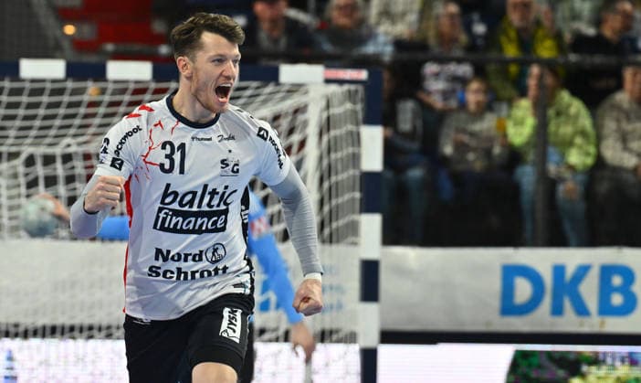 21.02.20265 - Handball - 1. Bundesliga DAIKIN HBL - Saison 2025 2026 - 22. Spieltag: HC Erlangen Metropolregion Nürnberg HCE - SG Flensburg Handewitt - - xwoxzix - Emil Manfeldt Jakobsen (31, SG Flensburg-Handewitt ) ballt Faust Fäuste - Torjubel Jubel Freude