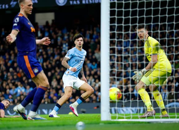 Manchester, England, 21st February 2026. Nico O Reilly of Manchester City scores their second goal during the Manchester City vs Newcastle United Premier League match at the Etihad Stadium, Manchester. Picture credit should read: Cody Froggatt Sportimage EDITORIAL USE ONLY. No use with unauthorised audio, video, data, fixture lists, club league logos or live services. Online in-match use limited to 120 images, no video emulation. No use in betting, games or single club league player publications. SPI_031_CF_Man_City_Newc SPI-4542-0031