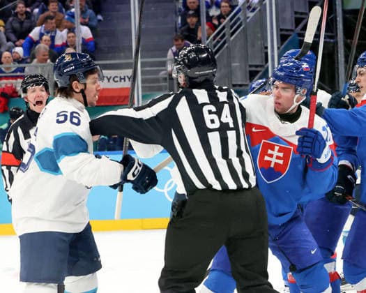 February 21, 2026, Milan, Lombardy, Italy: Mikko Rantanen (96) of Team Finland and Simon Nemec (17) of Team Slovakia in the men s Ice hockey, Eishockey bronze medal game during the Milano Cortina 2026 Olympic Winter games, Winterspiele,Spiele, Summer games at Milano Santagiulia Ice Hockey Arena. Milan Italy - ZUMAm117 20260221_oly_m117_003 Copyright: xDavidxMcIntyrex