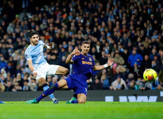 Manchester, England, 21st February 2026. Omar Marmoush of Manchester City shot which is saved during the Manchester City vs Newcastle United Premier League match at the Etihad Stadium, Manchester. Picture credit should read: Cody Froggatt Sportimage EDITORIAL USE ONLY. No use with unauthorised audio, video, data, fixture lists, club league logos or live services. Online in-match use limited to 120 images, no video emulation. No use in betting, games or single club league player publications. SPI_053_CF_Man_City_Newc SPI-4542-0053