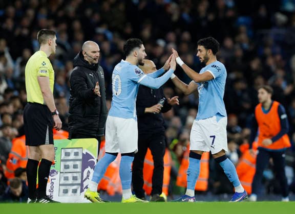 Manchester, England, 21st February 2026. Rayan Cherki of Manchester City replaces Omar Marmoush of Manchester City during the Manchester City vs Newcastle United Premier League match at the Etihad Stadium, Manchester. Picture credit should read: Cody Froggatt Sportimage EDITORIAL USE ONLY. No use with unauthorised audio, video, data, fixture lists, club league logos or live services. Online in-match use limited to 120 images, no video emulation. No use in betting, games or single club league player publications. SPI_059_CF_Man_City_Newc SPI-4542-0059