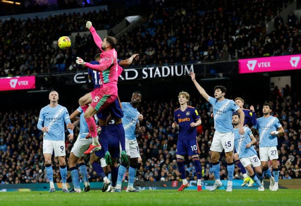 Manchester, England, 21st February 2026. Gianluigi Donnarumma of Manchester City clears under pressure during the Manchester City vs Newcastle United Premier League match at the Etihad Stadium, Manchester. Picture credit should read: Cody Froggatt Sportimage EDITORIAL USE ONLY. No use with unauthorised audio, video, data, fixture lists, club league logos or live services. Online in-match use limited to 120 images, no video emulation. No use in betting, games or single club league player publications. SPI_065_CF_Man_City_Newc SPI-4542-0065