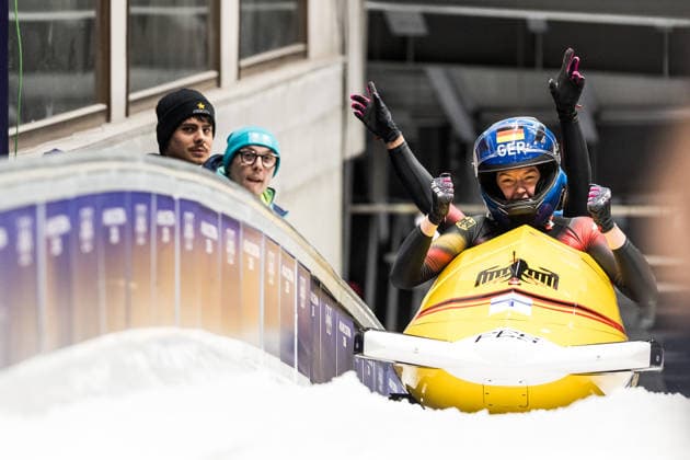 CORTINA, ITALY - FEBRUARY 21: Laura Nolte Deborah Levi (Germany) cheer during the Bobsleigh 2-woman Heat 3 and 4 at the Milano Cortina 2026 Olympics at Cortina Sliding Centre on day 15 of the Milano Cortina 2026 Olympics on February 21, 2026 in Cortina, Italy. Editorial use only. Italy Copyright: xSteffiexWunderlx