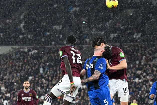 West Ham United v Bournemouth, Premier League West Ham United defender El Hadji Malick Diouf (12) AFC Bournemouth defender Marcos Senesi (5) and West Ham United defender Konstantinos Mavropanos (15) challenge for a header during the Premier League match between West Ham United and Bournemouth at the London Stadium, London, UK on 21 February 2026. London London Stadium UK Editorial use only DataCo restrictions apply See www.football-dataco.com , Copyright: xSimonxTraylenx PSI-23788-0076