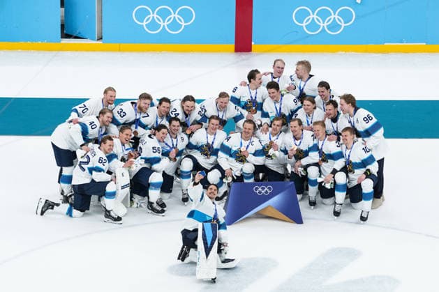 2026 Milano-Cortina Winter Olympics MILAN, ITALY - FEBRUARY 21: Players of Finland celebrate after winning the bronze medal after the Ice hockey, Eishockey bronze medal match between Slovakia and Finland at the Milan Santagiulia Ice Hockey Arena at the 2026 Milano-Cortina Winter Olympics in Milan, Italy on February 21, 2026. Cemal Yurttas Anadolu Milan Italy. Editorial use only. Please get in touch for any other usage.  Copyright: x2026xAnadoluxCemalxYurttasx