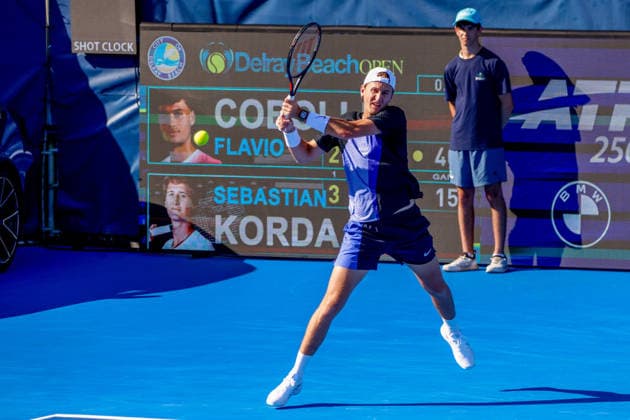 DELRAY BEACH, FL - FEBRUARY 21: Sebastian Korda (USA) in action during his Semi Final match against Flavio Cobolli (ITA) at the Delray Beach Open on February 21, 2026, at Delray Beach Stadium & Tennis Center in Delray Beach, Florida.(Photo by Chris Arjoon Icon Sportswire). TENNIS: FEB 21 Delray Beach Open EDITORIAL USE ONLY Icon2602210010026