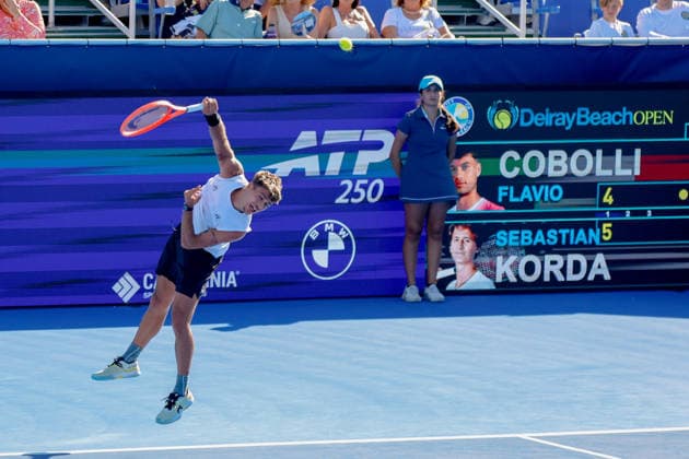 DELRAY BEACH, FL - FEBRUARY 21: Flavio Cobolli (ITA) in action during his Semi Final match against Sebastian Korda (USA) at the Delray Beach Open on February 21, 2026, at Delray Beach Stadium & Tennis Center in Delray Beach, Florida.(Photo by Chris Arjoon Icon Sportswire). TENNIS: FEB 21 Delray Beach Open EDITORIAL USE ONLY Icon2602210010036