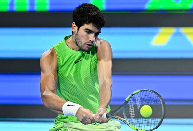 ATP, Tennis Herren Qatar Exxonmobil Open-final Carlos Alcaraz of Spain competes against Arthur Fils of France in the final at the ATP men s Qatar ExxonMobil Open 2026 tennis tournament at the Khalifa International Tennis Complex in Doha, Qatar, on February 21, 2026. DOHA Qatar Copyright: xNOUSHADx