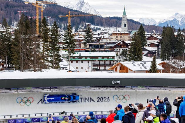 OLYMPICS - Winter Olympic Games, Olympische Spiele, Olympia, OS Milano Cortina 2026 CORTINA D AMPEZZO,ITALY,22.FEB.26 - OLYMPICS, BOBSLEIGH - Winter Olympic Games Milano Cortina 2026, 4-man, heat 3 and 4. Image shows Patrick Baumgartner, Lorenzo Bilotti, Eric Fantazzini and Robert Mircea (ITA).  GEPAxpictures xMaticxKlansek