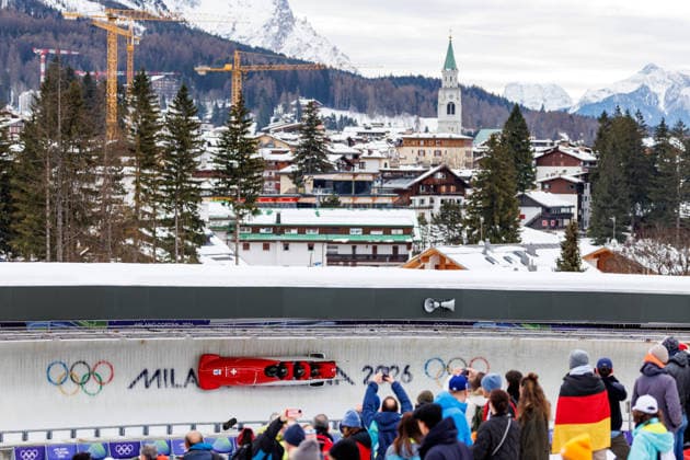 OLYMPICS - Winter Olympic Games, Olympische Spiele, Olympia, OS Milano Cortina 2026 CORTINA D AMPEZZO,ITALY,22.FEB.26 - OLYMPICS, BOBSLEIGH - Winter Olympic Games Milano Cortina 2026, 4-man, heat 3 and 4. Image shows Cedric Follador, Luca Rolli, Tim Annen and Omar Vogele (SUI).  GEPAxpictures xMaticxKlansek