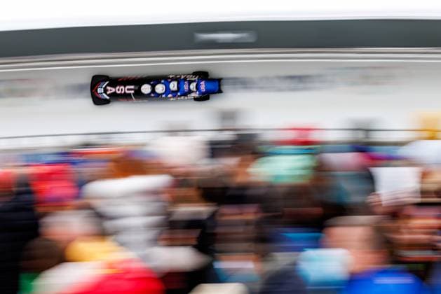 OLYMPICS - Winter Olympic Games, Olympische Spiele, Olympia, OS Milano Cortina 2026 CORTINA D AMPEZZO,ITALY,22.FEB.26 - OLYMPICS, BOBSLEIGH - Winter Olympic Games Milano Cortina 2026, 4-man, heat 3 and 4. Image shows Frankie del Duca, Boone Niederhofer, Bryan Sosoo and Joshua Williamson (USA).  GEPAxpictures xMaticxKlansek