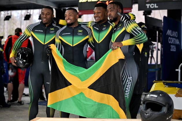 Cortina d Ampezzo, Italy, February 22th 2026. Shane Pitter, Junior Harris, Tyquendo Tracey, Joel Fearon of Jamaica in action during the Bobsleight 4-man Heat 3 race of the Olympic Winter games, Winterspiele,Spiele, Summer games 2026 in Cortina d Ampezzo, Italy. (Photo by Igor Kupljenik Sports Press Photo)  Copyright: xIgorxKupljenikx xSPPx Sportspressphoto_SPR96143