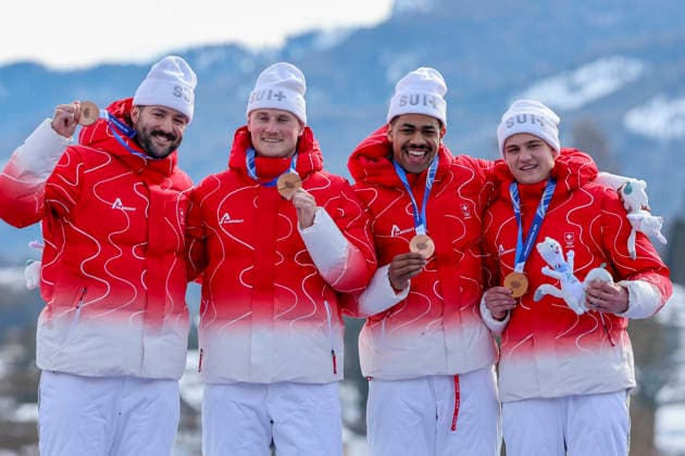 OLYMPICS - Winter Olympic Games, Olympische Spiele, Olympia, OS Milano Cortina 2026 CORTINA D AMPEZZO,ITALY,22.FEB.26 - OLYMPICS, BOBSLEIGH - Winter Olympic Games Milano Cortina 2026, 4-man, heat 3 and 4. Image shows Michael Vogt, Andreas Haas, Amadou David Ndiaye and Mario Aeberhard (SUI).  GEPAxpictures xMaticxKlansek