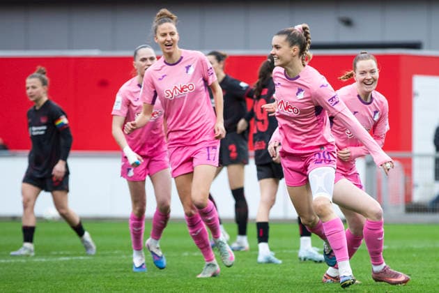 Google Pixel Frauen-Bundesliga: Bayer 04 Leverkusen - TSG 1899 Hoffenheim; 22.02.2026 Selina Cerci (TSG 1899 Hoffenheim, 29) jubelt nach ihrem Tor am 19. Spieltag der Google Pixel Frauen-Bundesliga im Spiel von Bayer 04 Leverkusen gegen die TSG 1899 Hoffenheim am 22.02.2026 im Ulrich-Haberland-Stadion in Leverkusen. Copyright: xBEAUTIFULxSPORTS Meuselx