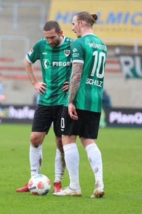 22.02.2026, xrekx, Fussball 2.Bundesliga, Preußen Münster - 1.FC Kaiserslautern v.l. Rico Preißinger (Preussen Muenster) Marvin Schulz (Preussen Muenster) (DFL DFB REGULATIONS PROHIBIT ANY USE OF PHOTOGRAPHS as IMAGE SEQUENCES and or QUASI-VIDEO) Münster