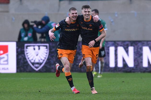 Fußball 2. Bundesliga 23. Spieltag SC Preußen Münster - 1. FC Kaiserslautern am 22.02.2026 im LVM-Preußenstadion in Münster Torjubel zum 1:3 durch Norman Bassette ( Kaiserslautern ) DFL regulations prohibit any use of photographs as image sequences and or quasi-video.