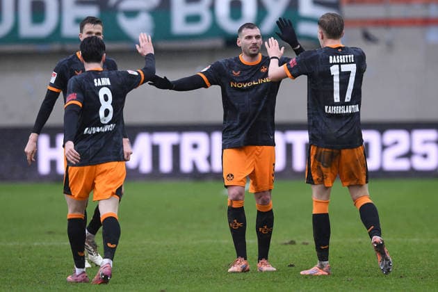 Fußball 2. Bundesliga 23. Spieltag SC Preußen Münster - 1. FC Kaiserslautern am 22.02.2026 im LVM-Preußenstadion in Münster Torjubel zum 1:3 durch Norman Bassette ( Kaiserslautern ) DFL regulations prohibit any use of photographs as image sequences and or quasi-video.