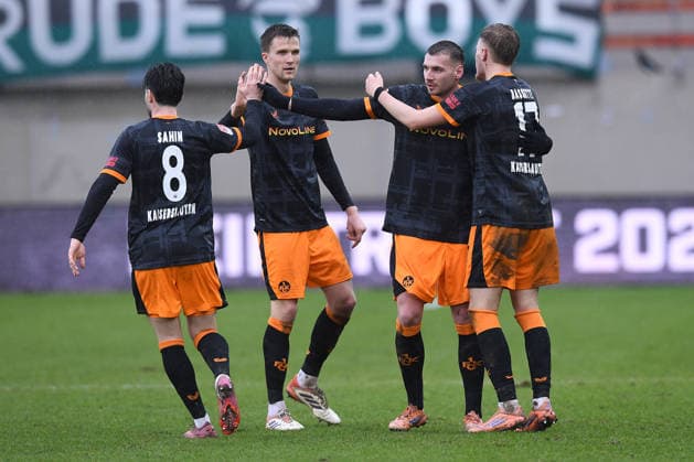Fußball 2. Bundesliga 23. Spieltag SC Preußen Münster - 1. FC Kaiserslautern am 22.02.2026 im LVM-Preußenstadion in Münster Torjubel zum 1:3 durch Norman Bassette ( Kaiserslautern ) DFL regulations prohibit any use of photographs as image sequences and or quasi-video.