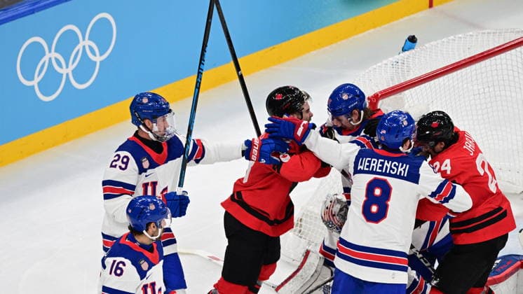 XXV Winter Olympic Games, Olympische Spiele, Olympia, OS in Milan, Italy, on February 22, 2026. Men s Ice hockey, Eishockey final, Canada vs USA. From left: Brock Nelson (USA), Vincent Trocheck (USA), Brandon Hagel (CAN), Jake Sanderson (USA), Zach Werenski (USA) and Seth Jarvis (CAN) in a skirmish. (CTKxPhoto MichalxKamaryt) CTKPhotoP2026022203620  CTKPhotoP2026022203620