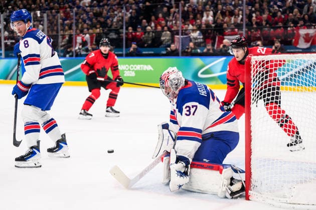 260222 Zach Werenski and goaltender Connor Hellebuyck of USA against Nathan MacKinnon of Canada in the men s Ice hockey, Eishockey final between Canada and USA during day 16 of the 2026 Winter Olympics on February 22, 2026 in Milan. Photo: Carl Sandin BILDBYRAN kod CS JM0802 bbeng ishockey ice hockey Olympic Games, Olympische Spiele, Olympia, OS olympics winter olympics os ol olympiska spel vinter-os olympiske leker milano cortina 2026 milan cortina 2026 milano cortina 2026 olympic games milano cortina 2026 winter olympic games milano cortina-os milano cortina-ol vinter-ol final usa united states canada kanada *** 260222 Zach Werenski and goaltender Connor Hellebuyck of USA against Nathan MacKinnon of Canada in the men s ice hockey final between Canada and USA during day 16 of the 2026 Winter Olympics on February 22, 2026 in Milan Photo Carl Sandin BILDBYRAN kod CS JM0802 bbeng ishockey ice hockey olympic games olympics winter olympics os ol olympiska spel vinter os olympiske leker milano cortina 2026 milan cortina 2026 milano cortina 2026 olympic games milano cortina 2026 winter olympic games milano cortina os milano cortina ol vinter ol final usa united states canada kanada  Copyright: CARLxSANDIN BB260222CS012