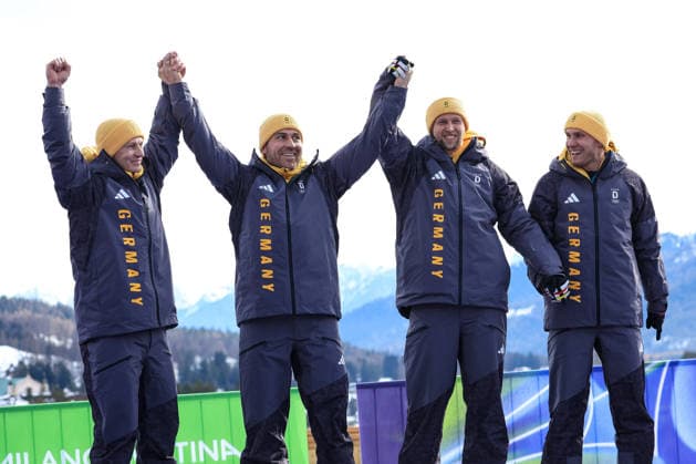 Francesco Friedrich, Matthias Sommer, Alexander Schuller, Felix Straub (GER) 2nd place, Silver Medal on the podium at end of the Olympic Winter games, Winterspiele,Spiele, Summer games Milano-Cortina 2026, Bobsleigh 4-man on February 21, 2026 at Cortina Sliding Center in Cortina d Ampezzo, Italy  Copyright: xLucianoxMariaxBisi IPAxSportx xipa-agency.netx xx IPA_71868842 IPA_Agency_IPA71868842