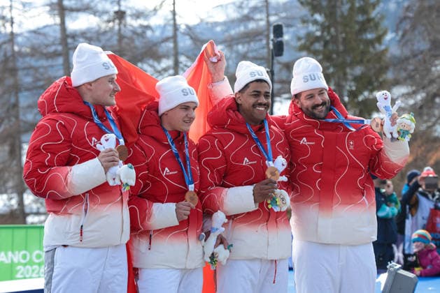 Michael Vogt, Andreas Haas, Amadou David Ndiaye, Mario Aeberhard (SUI) 3rd place, Bronze Medal on the podium during the Olympic Winter games, Winterspiele,Spiele, Summer games Milano-Cortina 2026, Bobsleigh 4-man on February 21, 2026 at Cortina Sliding Center in Cortina d Ampezzo, Italy  Copyright: xLucianoxMariaxBisi IPAxSportx xipa-agency.netx xx IPA_71868912 IPA_Agency_IPA71868912