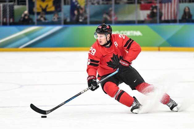 MILAN, ITALY - FEBRUARY 22: Nathan MacKinnon of Canada in action during the Ice hockey, Eishockey Men™s Gold Medal Game match between Canada and USA on day sixteen of the Milano Cortina 2026 Winter Olympic Games, Olympische Spiele, Olympia, OS at Milano Santagiulia Ice Hockey Arena on February 22, 2026 in Milan, Italy. Milan Milano Santagiulia Ice Hockey Arena Italy *** MILAN, ITALY FEBRUARY 22 Nathan MacKinnon of Canada in action during the Ice Hockey Men™s Gold Medal Game match between Canada and USA on day sixteen of the Milano Cortina 2026 Winter Olympic games at Milano Santagiulia Ice Hockey Arena on February 22, 2026 in Milan, Italy Milan Milano Santagiulia Ice Hockey Arena Italy Copyright: xJustPictures.ch AndreaxBrancax jp-en-EuSpIm-AB-AAB_061422022026
