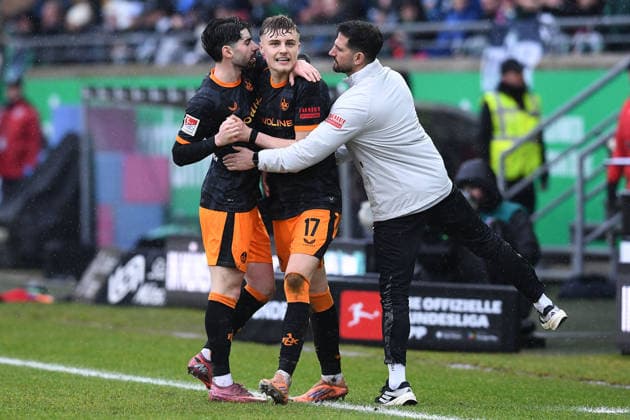 Fußball 2. Bundesliga 23. Spieltag SC Preußen Münster - 1. FC Kaiserslautern am 22.02.2026 im LVM-Preußenstadion in Münster Torjubel zum 1:3 durch Norman Bassette ( Kaiserslautern ) DFL regulations prohibit any use of photographs as image sequences and or quasi-video.