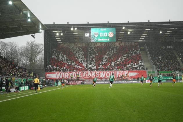 Deutschland: 2.Bundesliga 2025 2026, SC Preußen Münster vs 1.FC Kaiserslautern, Sonntag 22.02.2026 LVM-Preußenstadion (Münster, Nordrhein-Westfalen, Deutschland) Fans Choreografie 1.FC Kaiserslautern