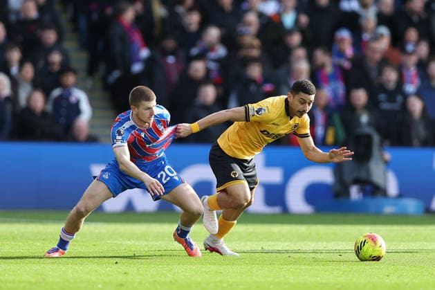 22nd February 2026; Selhurst Park, Selhurst, London, England; Premier League Football, Crystal Palace versus Wolverhampton Wanderers; Adam Wharton of Crystal Palace and Ladislav Krejci of Wolverhampton Wanderers compete for the ball  KatiexChan Content restricted for UK based newspaper
