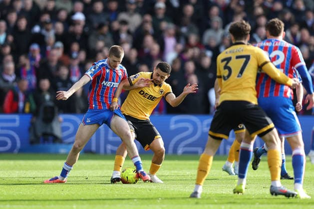 22nd February 2026; Selhurst Park, Selhurst, London, England; Premier League Football, Crystal Palace versus Wolverhampton Wanderers; Adam Wharton of Crystal Palace and Ladislav Krejci of Wolverhampton Wanderers compete for the ball  KatiexChan Content restricted for UK based newspaper