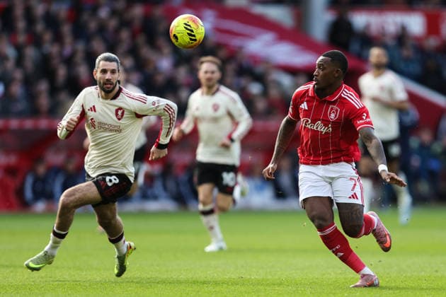 Nottingham, England, 22nd February 2026. Callum Hudson-Odoi of Nottingham Forest goes forward with the ball during the Nottingham Forest vs Liverpool Premier League match at the City Ground, Nottingham. Picture credit should read: Gareth Evans Sportimage EDITORIAL USE ONLY. No use with unauthorised audio, video, data, fixture lists, club league logos or live services. Online in-match use limited to 120 images, no video emulation. No use in betting, games or single club league player publications. SPI_027_NFFC_vs_LFC SPI-4544-0027