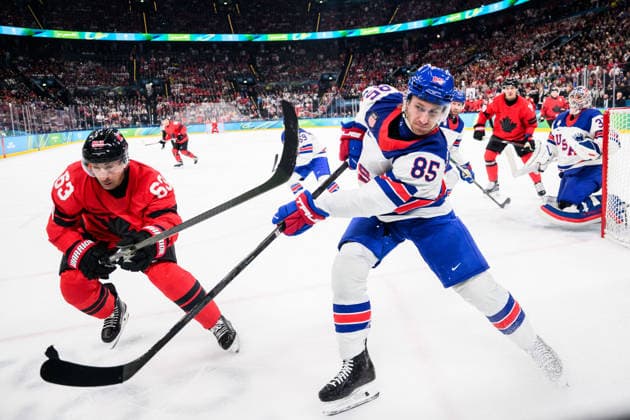 260222 Brad Marchand of Canada and Jake Sanderson of USA in the men s Ice hockey, Eishockey final between Canada and USA during day 16 of the 2026 Winter Olympics on February 22, 2026 in Milan. Photo: Joel Marklund BILDBYRAN kod JM JM0802 bbeng ishockey ice hockey Olympic Games, Olympische Spiele, Olympia, OS olympics winter olympics os ol olympiska spel vinter-os olympiske leker milano cortina 2026 milan cortina 2026 milano cortina 2026 olympic games milano cortina 2026 winter olympic games milano cortina-os milano cortina-ol vinter-ol final usa united states canada kanada *** 260222 Brad Marchand of Canada and Jake Sanderson of USA in the men s ice hockey final between Canada and USA during day 16 of the 2026 Winter Olympics on February 22, 2026 in Milan Photo Joel Marklund BILDBYRAN kod JM JM0802 bbeng ishockey ice hockey olympic games olympics winter olympics os ol olympiska spel vinter os olympiske leker milano cortina 2026 milan cortina 2026 milano cortina 2026 olympic games milano cortina 2026 winter olympic games milano cortina os milano cortina ol vinter ol final usa united states canada kanada  Copyright: JOELxMARKLUND BB260222JM031