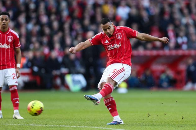 Nottingham, England, 22nd February 2026. Murillo of Nottingham Forest has a shot at goal during the Nottingham Forest vs Liverpool Premier League match at the City Ground, Nottingham. Picture credit should read: Gareth Evans Sportimage EDITORIAL USE ONLY. No use with unauthorised audio, video, data, fixture lists, club league logos or live services. Online in-match use limited to 120 images, no video emulation. No use in betting, games or single club league player publications. SPI_032_NFFC_vs_LFC SPI-4544-0033