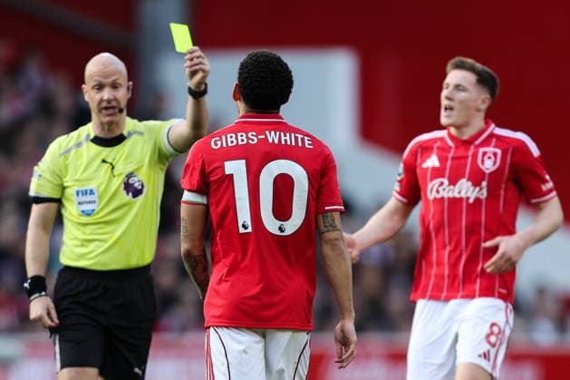 Nottingham, England, 22nd February 2026. Morgan Gibbs-White of Nottingham Forest is shown a yellow card by referee Anthony Taylor during the Nottingham Forest vs Liverpool Premier League match at the City Ground, Nottingham. Picture credit should read: Gareth Evans Sportimage EDITORIAL USE ONLY. No use with unauthorised audio, video, data, fixture lists, club league logos or live services. Online in-match use limited to 120 images, no video emulation. No use in betting, games or single club league player publications. SPI_033_NFFC_vs_LFC SPI-4544-0034