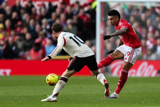 Nottingham, England, 22nd February 2026. Igor Jesus of Nottingham Forest passes the ball during the Nottingham Forest vs Liverpool Premier League match at the City Ground, Nottingham. Picture credit should read: Gareth Evans Sportimage EDITORIAL USE ONLY. No use with unauthorised audio, video, data, fixture lists, club league logos or live services. Online in-match use limited to 120 images, no video emulation. No use in betting, games or single club league player publications. SPI_038_NFFC_vs_LFC SPI-4544-0039