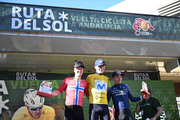 22-02-2026 Vuelta Andalucia; Tappa 05 La Roda De Andalucia - Lucena; 2026, Movistar; 2026, Uno X - Mobility; 2026, Pinarello - Q36.5; Romeo Abad, Ivan; Leknessund, Andreas; Pidcock, Thomas; Lucena; 