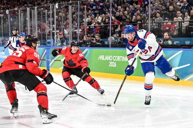 MILAN, ITALY - FEBRUARY 22: Jack Eichel of United States R) shoots the puck during the Ice hockey, Eishockey Men™s Gold Medal Game match between Canada and USA on day sixteen of the Milano Cortina 2026 Winter Olympic Games, Olympische Spiele, Olympia, OS at Milano Santagiulia Ice Hockey Arena on February 22, 2026 in Milan, Italy. Milan Milano Santagiulia Ice Hockey Arena Italy *** MILAN, ITALY FEBRUARY 22 Jack Eichel of United States R shoots the puck during the Ice Hockey Men™s Gold Medal Game match between Canada and USA on day sixteen of the Milano Cortina 2026 Winter Olympic games at Milano Santagiulia Ice Hockey Arena on February 22, 2026 in Milan, Italy Milan Milano Santagiulia Ice Hockey Arena Italy Copyright: xJustPictures.ch AndreaxBrancax jp-en-EuSpIm-AB-AAB_080022022026