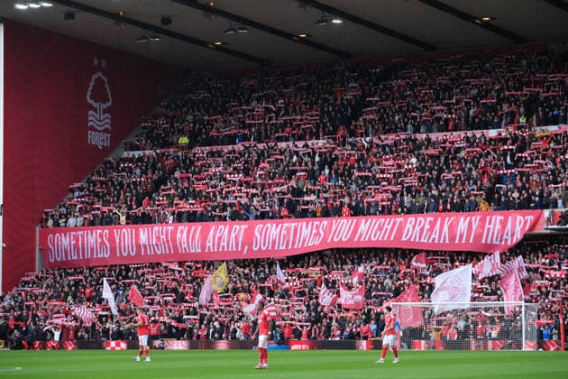 The Trent End with a banner prior to kick off during the Premier league football match between Nottingham Forest and Liverpool FC at the City Ground in Nottingham. Copyright: xPaulxBonser SportsxPressxPhotox Sportspressphoto_SPR96242