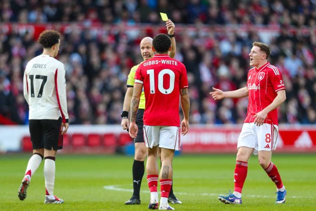 Nottingham Forest v Liverpool, Premier League Morgan Gibbs-White Of Nottingham Forest is shown a yellow card by Referee Anthony Taylor during the Nottingham Forest v Liverpool Premier League match at the City Ground, West Bridgford, England on 22 February 2026 Credit: Lee Keuneke Every Second Media Editorial use only. All images are copyright Every Second Media Limited. No images may be reproduced without prior permission. All rights reserved. Premier League and Football League images are subject to licensing agreements with Football DataCo Limited. see https: www.football-dataco.com Copyright: xIMAGO EveryxSecondxMediax ESM-1816-0036 LeexKeunekex xEveryxSecondxMediax