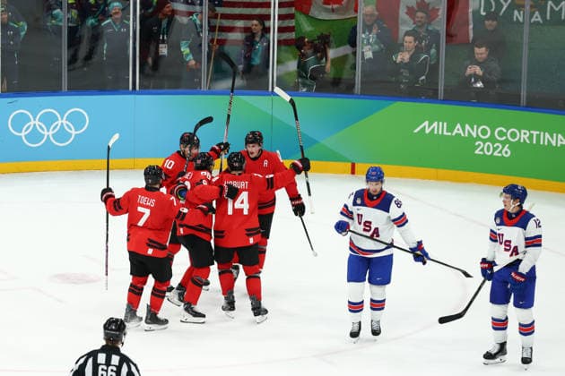 February 22, 2026, Milan, Lombardy, Italy: CALE MAKAR 8 of Canada celebrates scoring his side s first goal during the Gold Medal game between Team Canada (CAN) and Team United States (USA) at the Milano Cortina 2026 Olympic Games, Olympische Spiele, Olympia, OS Olympics 2026: Milano Cortina: Ice hockey, Eishockey Men s Final: CAN:USA  - ZUMAc179 20260222_oly_c179_029 Copyright: xMickaelxChavetx