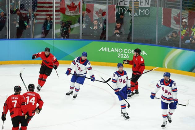 February 22, 2026, Milan, Lombardy, Italy: CALE MAKAR 8 of Canada celebrates scoring his side s first goal during the Gold Medal game between Team Canada (CAN) and Team United States (USA) at the Milano Cortina 2026 Olympic Games, Olympische Spiele, Olympia, OS Olympics 2026: Milano Cortina: Ice hockey, Eishockey Men s Final: CAN:USA  - ZUMAc179 20260222_oly_c179_030 Copyright: xMickaelxChavetx
