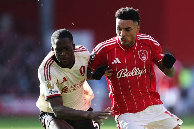 Nottingham, England, 22nd February 2026. Igor Jesus of Nottingham Forest fouls Ibrahima KonatÃ of Liverpool during the Nottingham Forest vs Liverpool Premier League match at the City Ground, Nottingham. Picture credit should read: Gareth Evans Sportimage EDITORIAL USE ONLY. No use with unauthorised audio, video, data, fixture lists, club league logos or live services. Online in-match use limited to 120 images, no video emulation. No use in betting, games or single club league player publications. SPI_043_NFFC_vs_LFC SPI-4544-0044