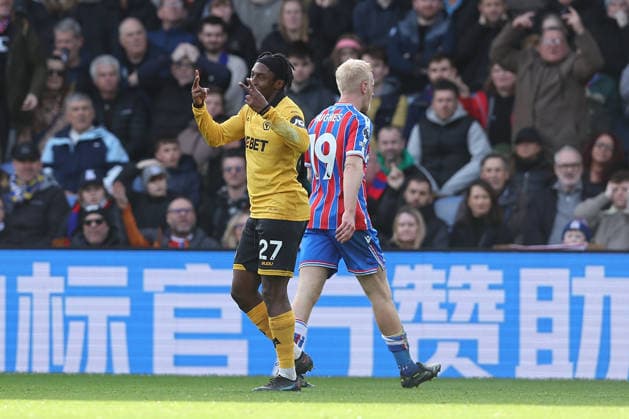 22nd February 2026; Selhurst Park, Selhurst, London, England; Premier League Football, Crystal Palace versus Wolverhampton Wanderers; Jean-Ricner Bellegarde of Wolverhampton Wanderers suggests to the referee that Will Hughes of Crystal Palace should get a second yellow card after a foul  KatiexChan Content restricted for UK based newspaper