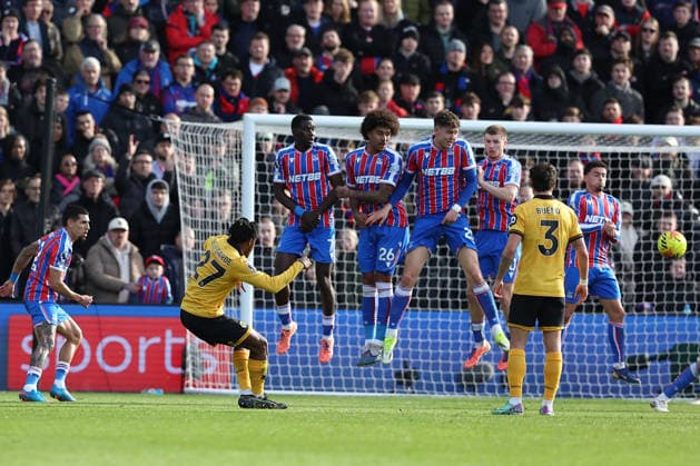 22nd February 2026; Selhurst Park, Selhurst, London, England; Premier League Football, Crystal Palace versus Wolverhampton Wanderers; Jean-Ricner Bellegarde of Wolverhampton Wanderers shoots from a direct free kick  KatiexChan Content restricted for UK based newspaper