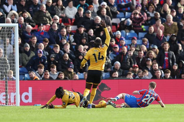 22nd February 2026; Selhurst Park, Selhurst, London, England; Premier League Football, Crystal Palace versus Wolverhampton Wanderers; Mateus Mane of Wolverhampton Wanderers is fouled by Adam Wharton of Crystal Palace for a penalty kick  KatiexChan Content restricted for UK based newspaper