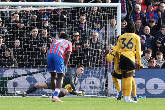 22nd February 2026; Selhurst Park, Selhurst, London, England; Premier League Football, Crystal Palace versus Wolverhampton Wanderers; goalkeeper Dean Henderson of Crystal Palace saves from Tolu Arokodare of Wolverhampton Wanderers penalty kick in the 43rd minute  KatiexChan Content restricted for UK based newspaper